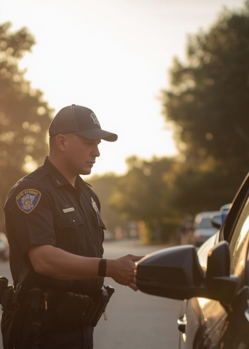 A law enforcement officer conducting a traffic stop during sunset